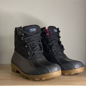 Sperry Port Black Quilted Boots with Tan Soles & Pink Lining Kids Girls